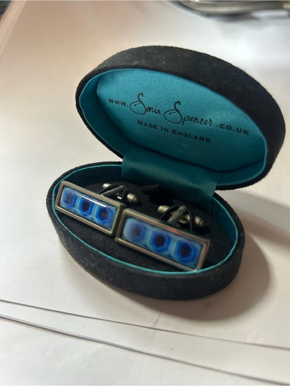 Sonia Spencer Bullet Back Cufflinks Mens Blue Enamel Rectangular Made in England